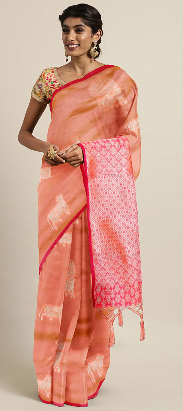 Traditional Orange color Kanjeevaram Silk, Silk fabric Saree 1610828