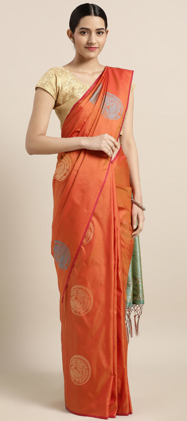 Traditional Orange color Kanjeevaram Silk, Silk fabric Saree 1611264