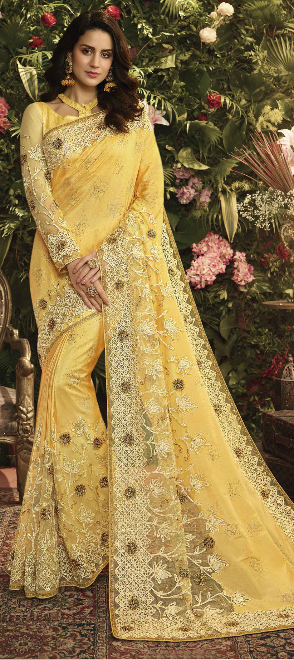 Royal Embroidered Yellow Traditional Designer Saree -