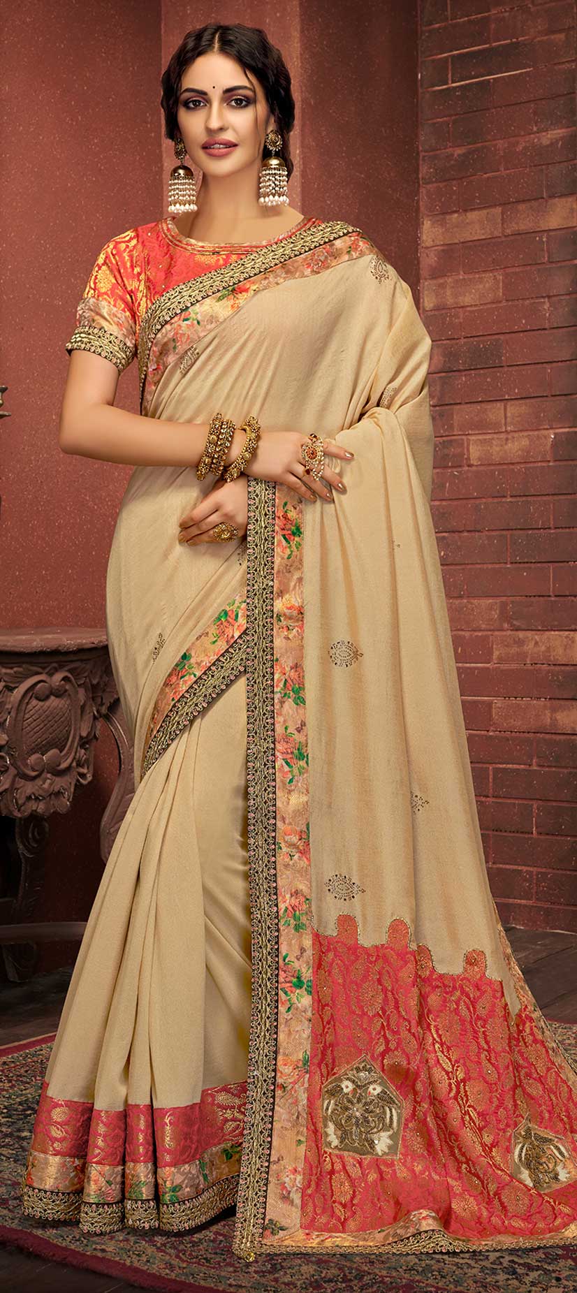 Beige Woven Design Brocade Saree main image 0