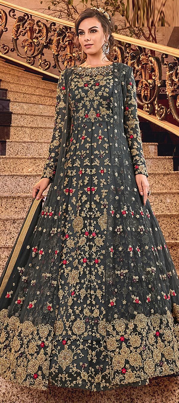 Black Tone to Tone Embroidered Net Salwar Kameez main image 1