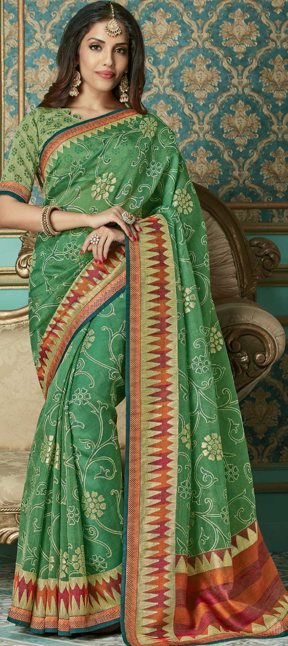 Party Wear Green color Brasso fabric Saree : 1615975