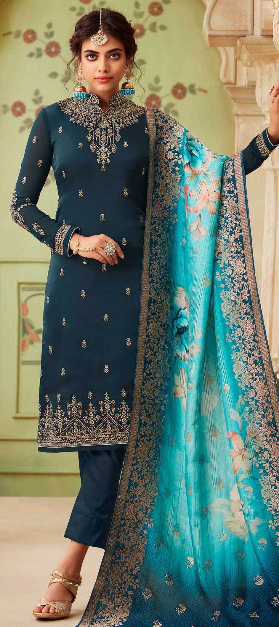 Festive, Reception Blue color Satin Silk fabric Salwar Kameez : 1616427