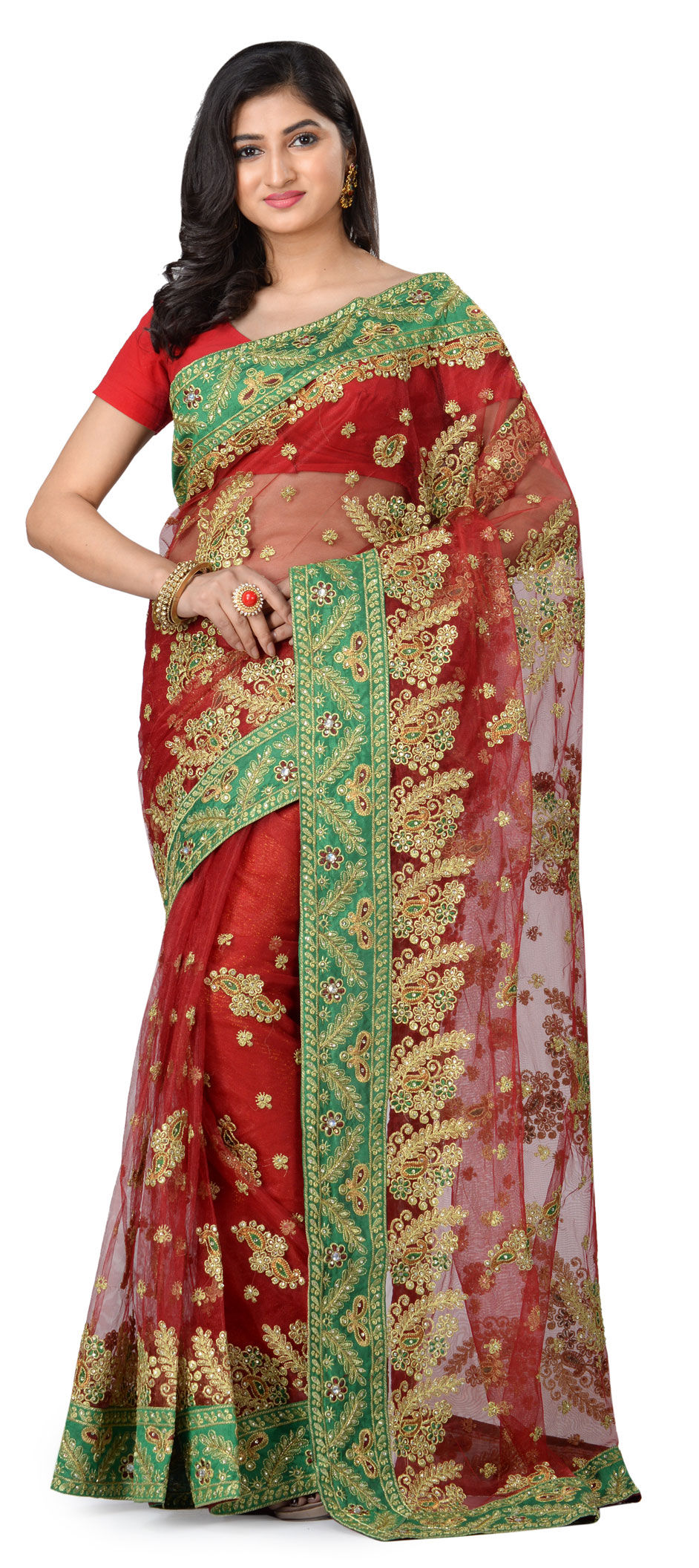 Maroon Embroidered Net Saree