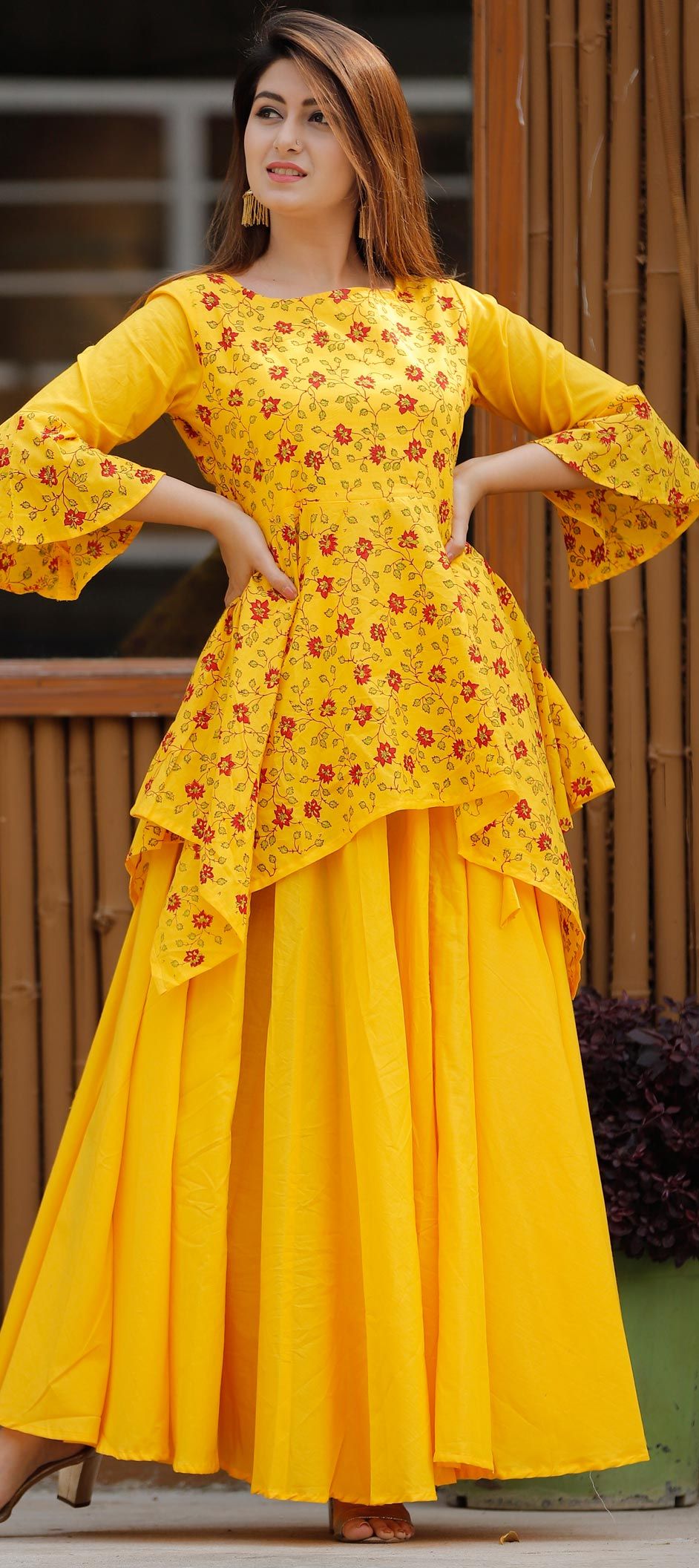 Designer Yellow color Cotton fabric Tunic with Bottom : 1617490
