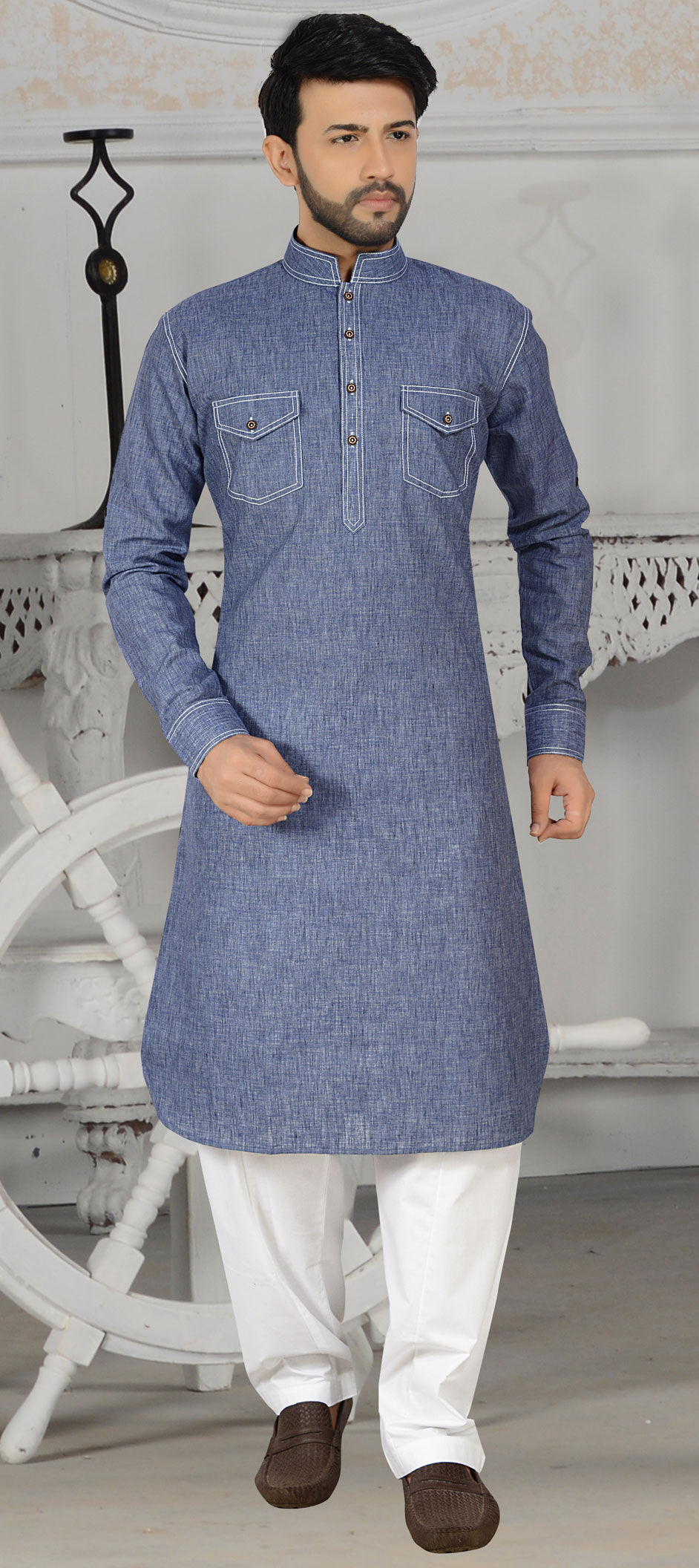 Blue color Linen fabric Pathani Suit 1618134