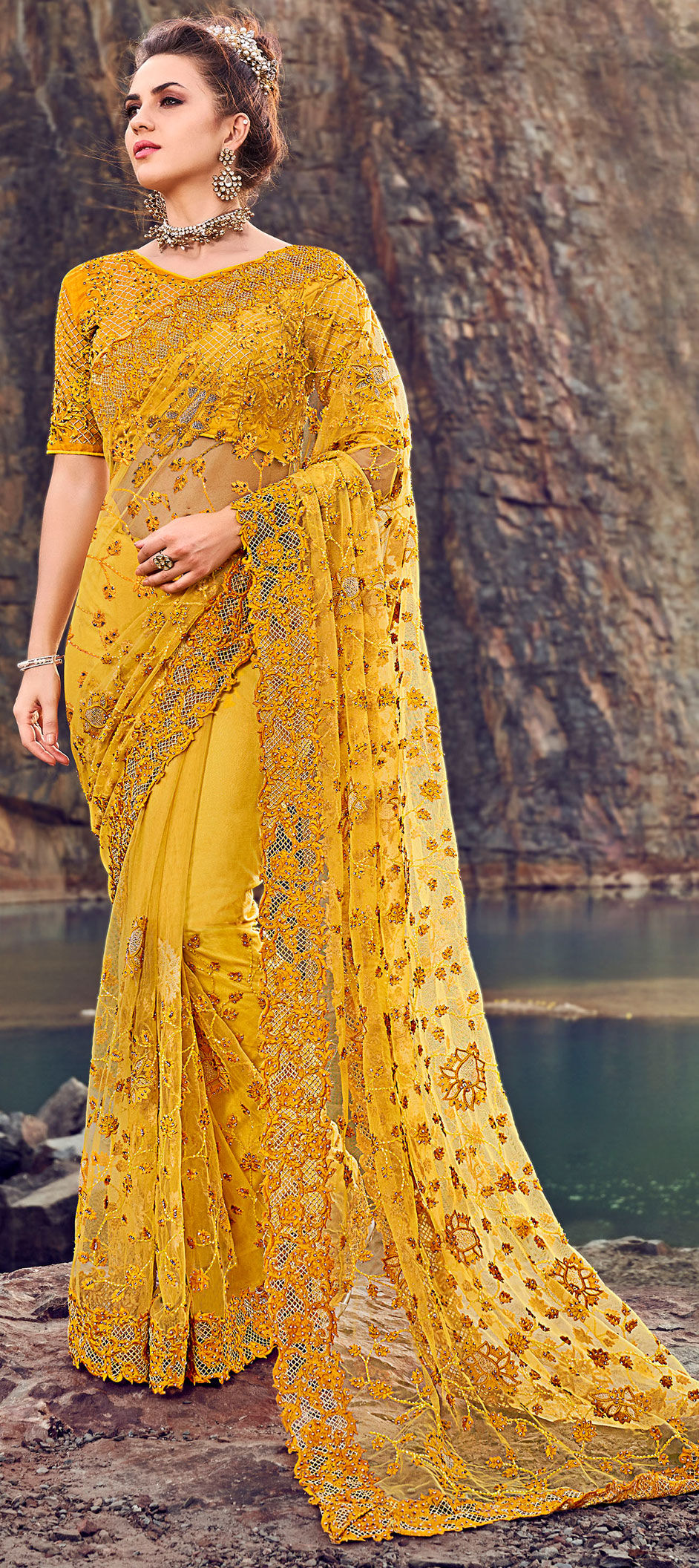 Bridal Engagement Wedding Yellow Color Net Fabric Saree 1621521 7469