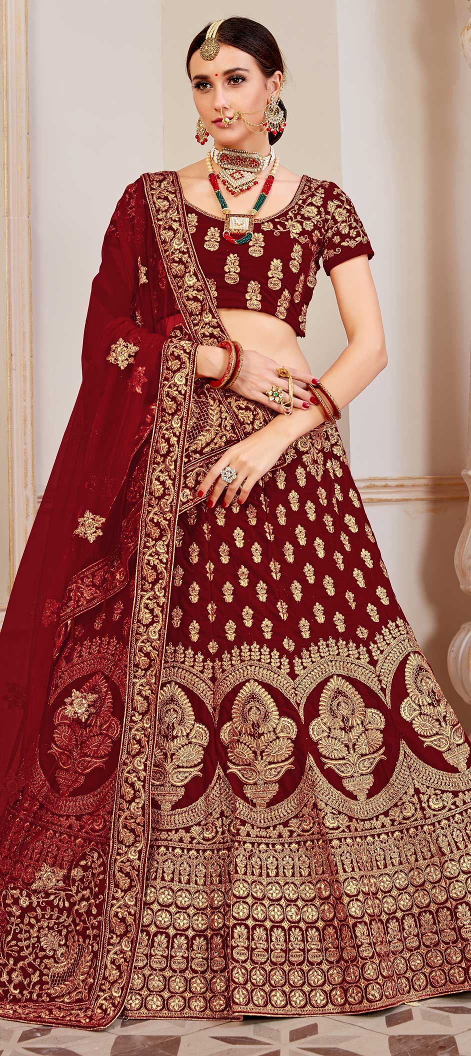 Bridal, Wedding Red and Maroon color Velvet fabric Lehenga 1622287