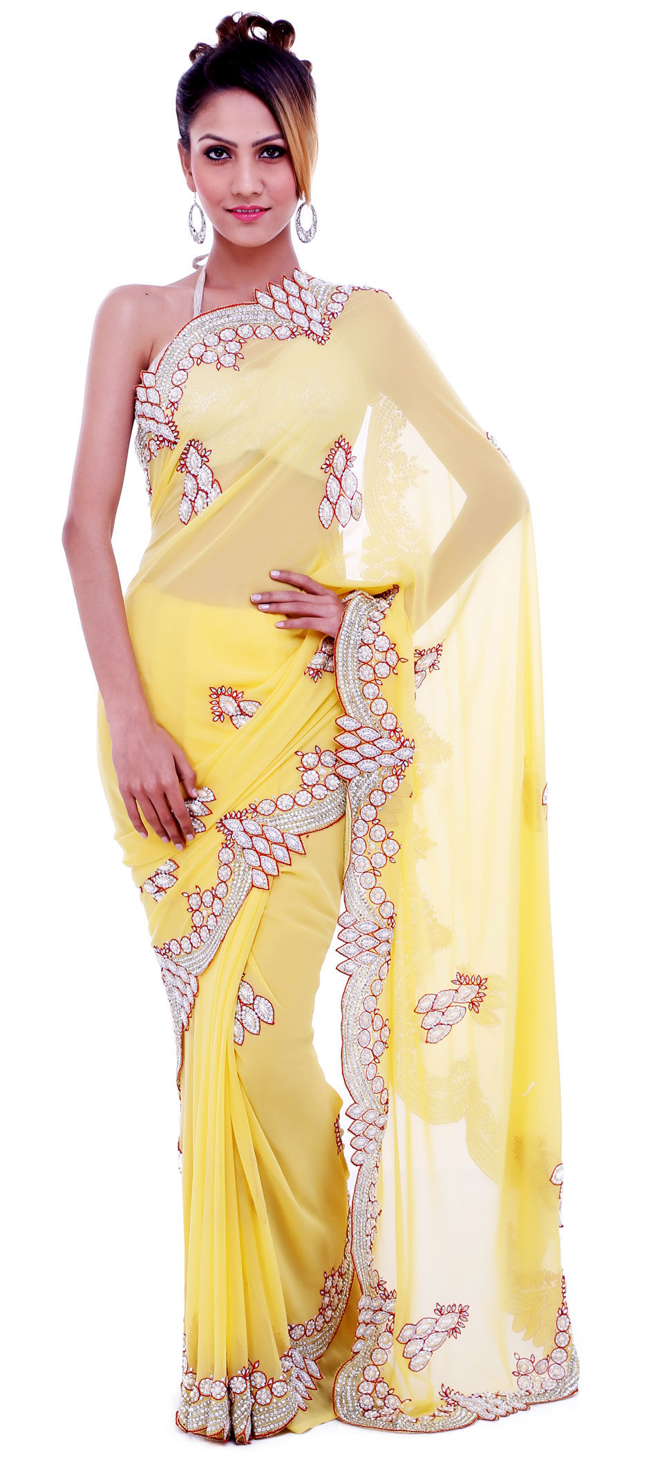 Bridal Wedding Yellow Color Georgette Fabric Saree 1624532 4296