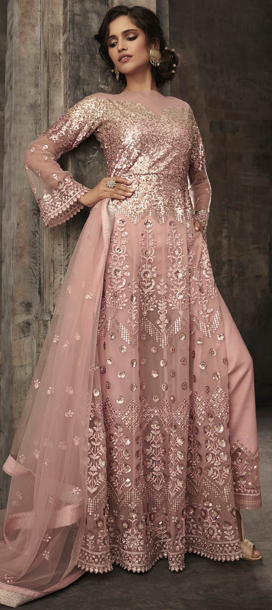 Elegant Pink Net Heavy Designer Wedding Wear Salwar Suit With Pink Santoon