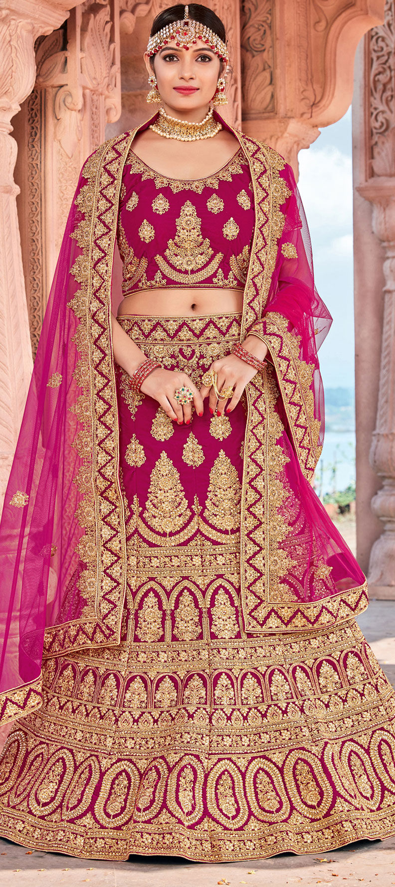 Bridal, Wedding Pink and Majenta color Velvet fabric Lehenga 1625414