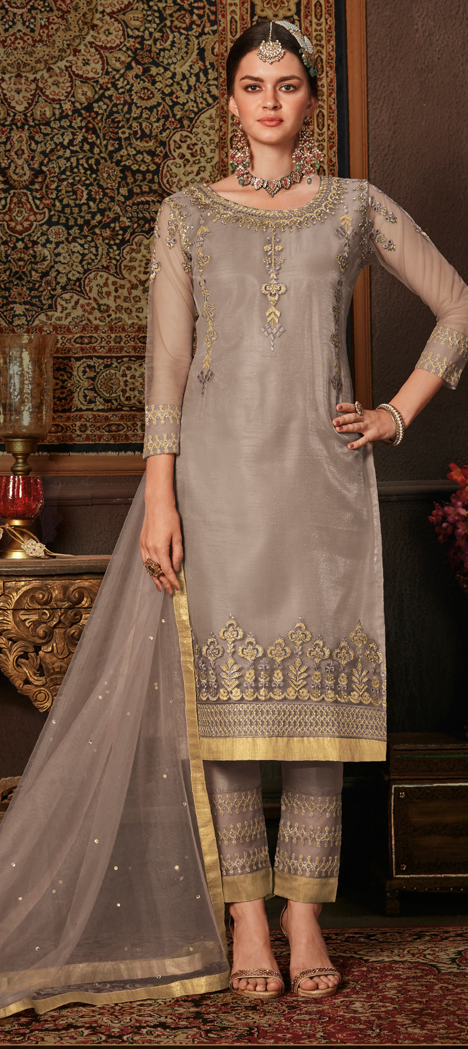 Beige Pant style Salwar Kameez Butterfly Net main image 1
