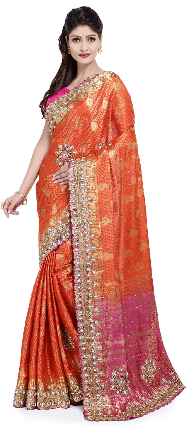 Bridal, Festive, Wedding Orange color Kanjeevaram Silk, Silk fabric