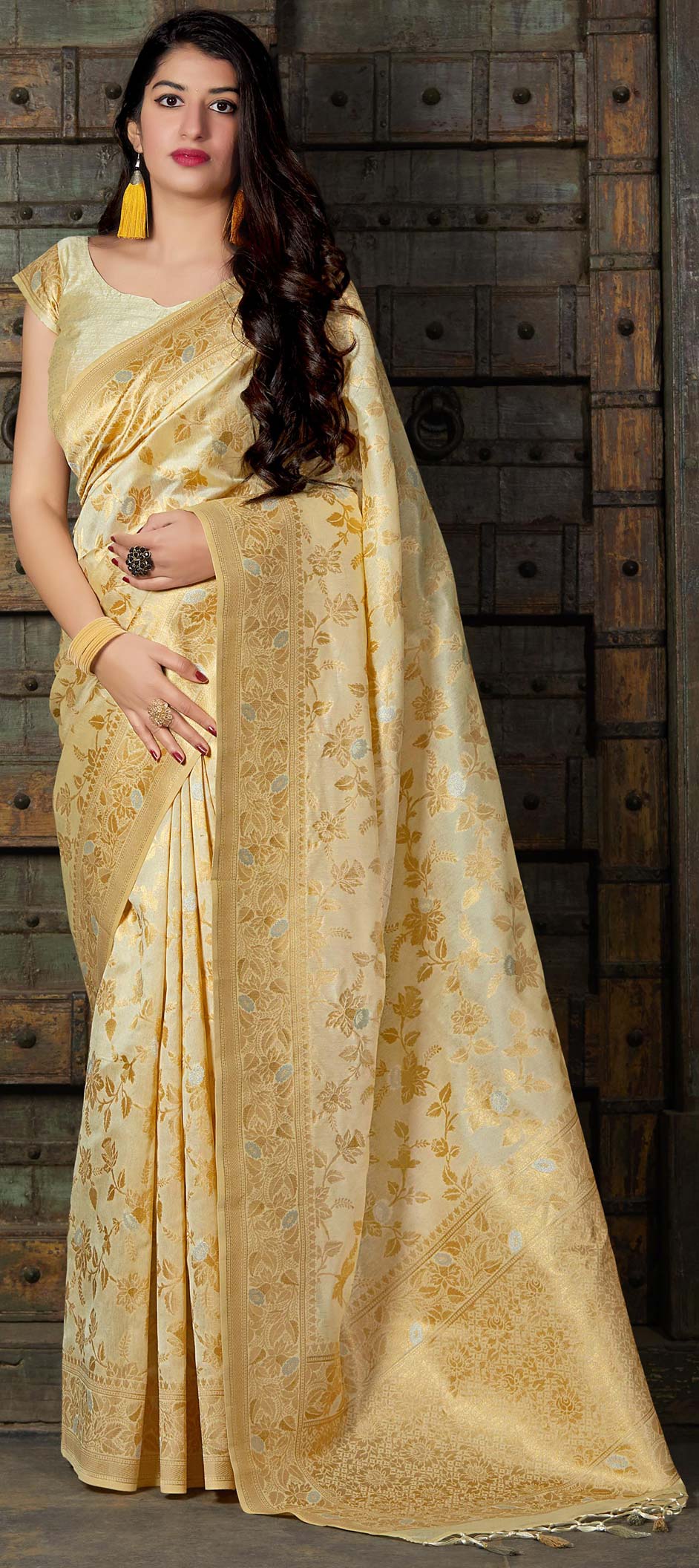Women Party Wear Designer Beige Colour Banarasi Silk Saree Collection
