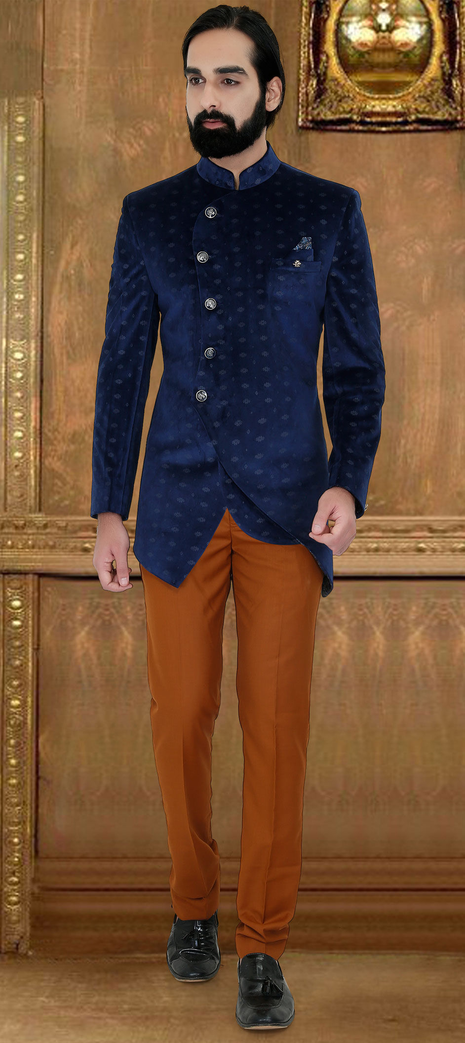 Blue color Velvet fabric Jodhpuri Suit : 1626867