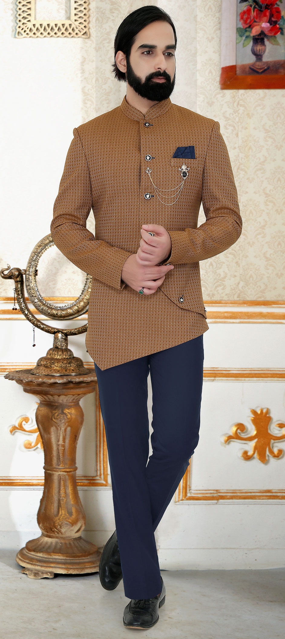 Beige and Brown color Jacquard fabric Jodhpuri Suit : 1626870