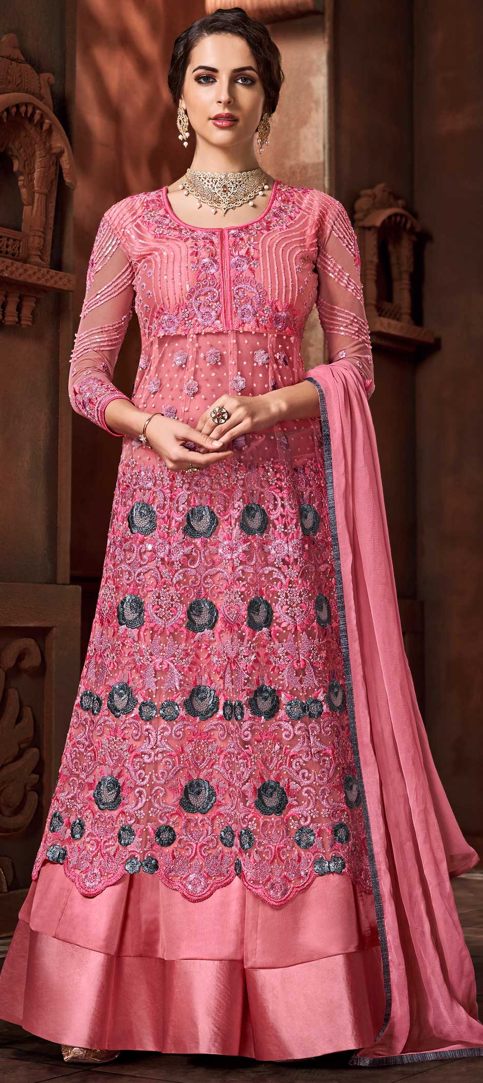Festive, Wedding Pink and Majenta color Net fabric Long Lehenga