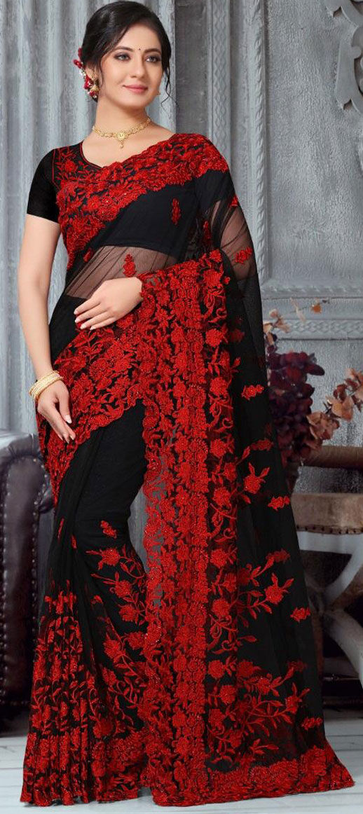 Festive, Party Wear Black and Grey color Net fabric Saree 1627957