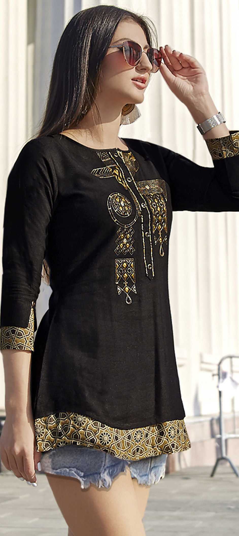 Rayon Casual Tops and Shirts in Black and Grey with Embroidered work