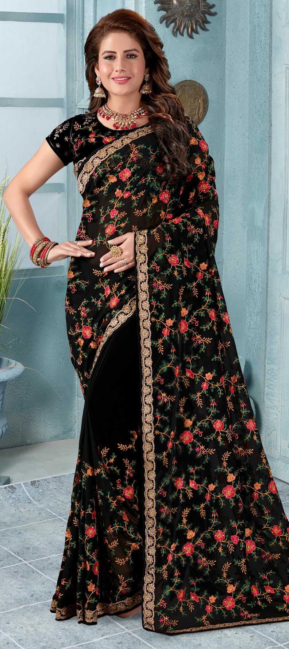 Festive, Party Wear Black and Grey color Georgette fabric Saree : 1629575