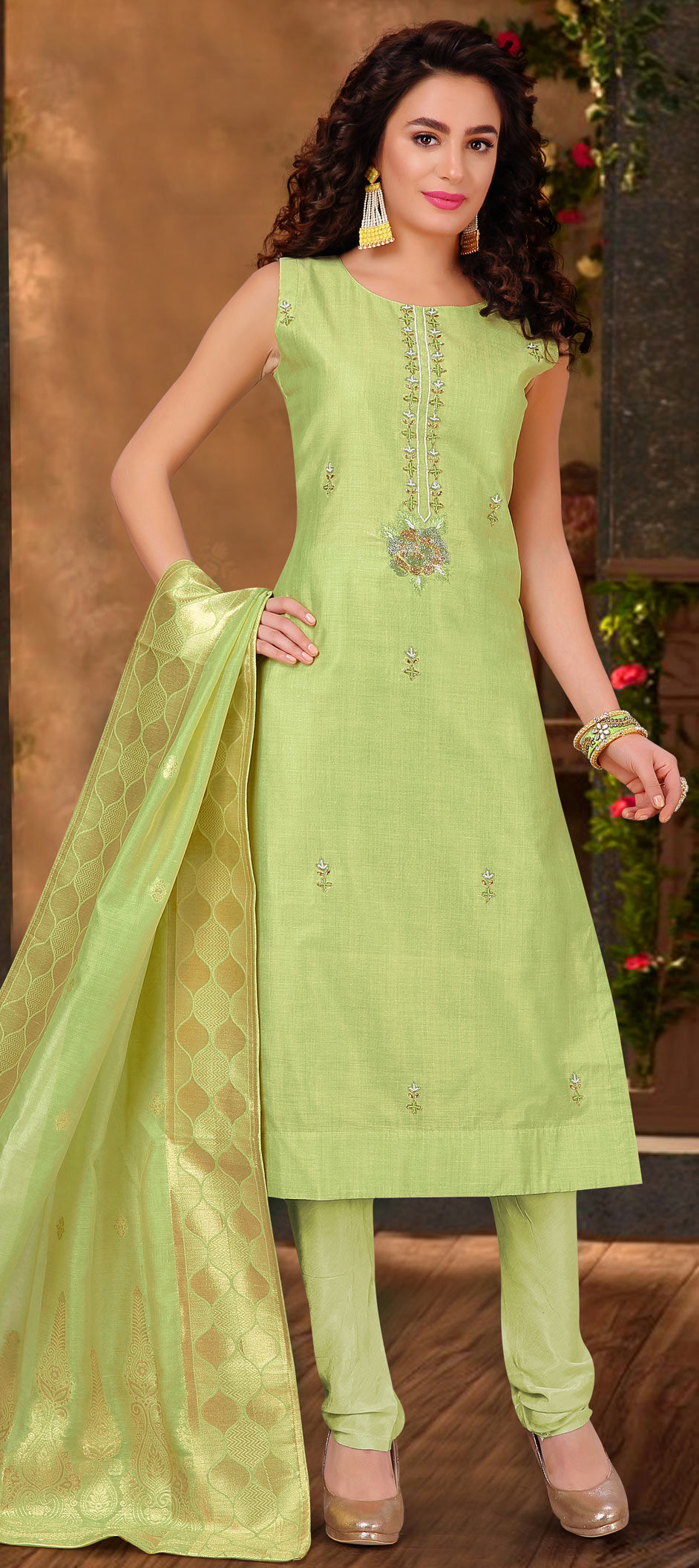 Party Wear Green color Banarasi Silk fabric Salwar Kameez 1630108