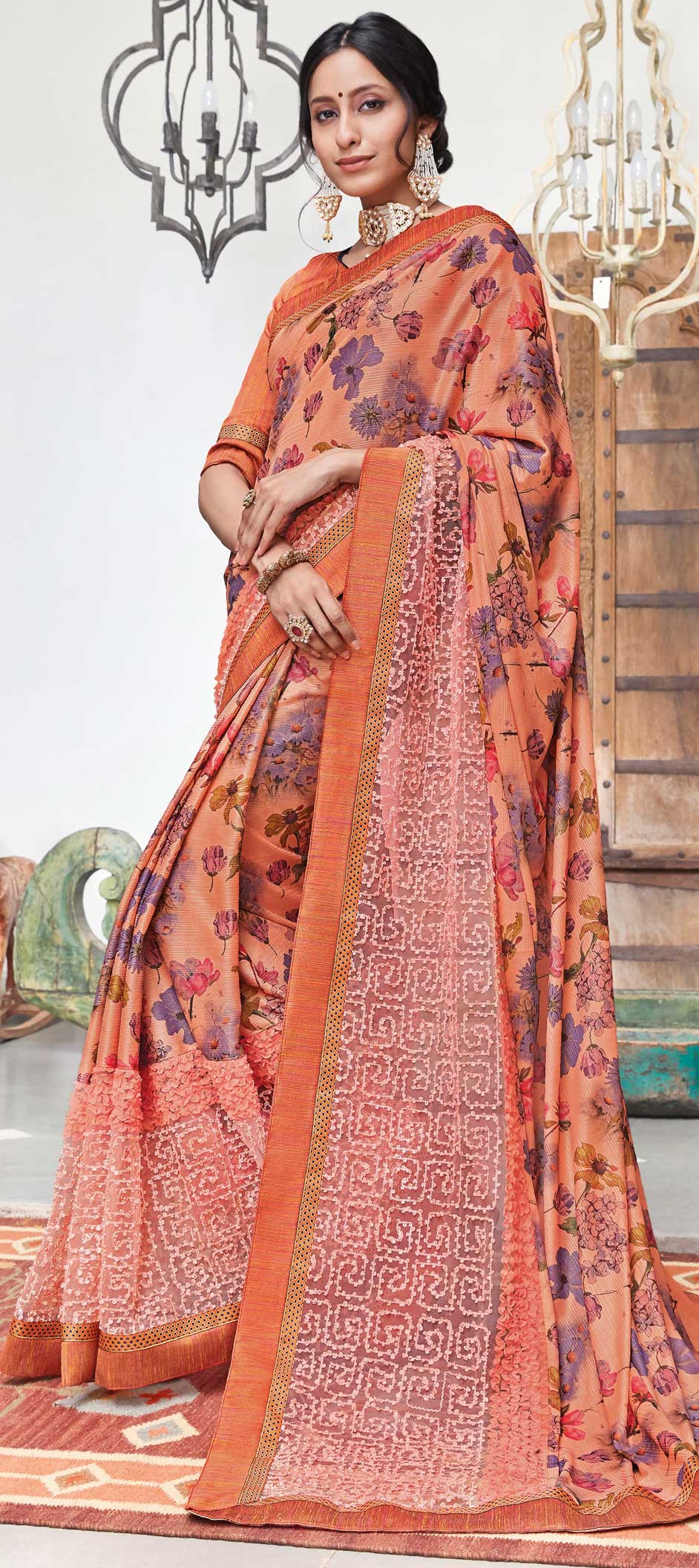 Golden & Orange Art Silk Saree