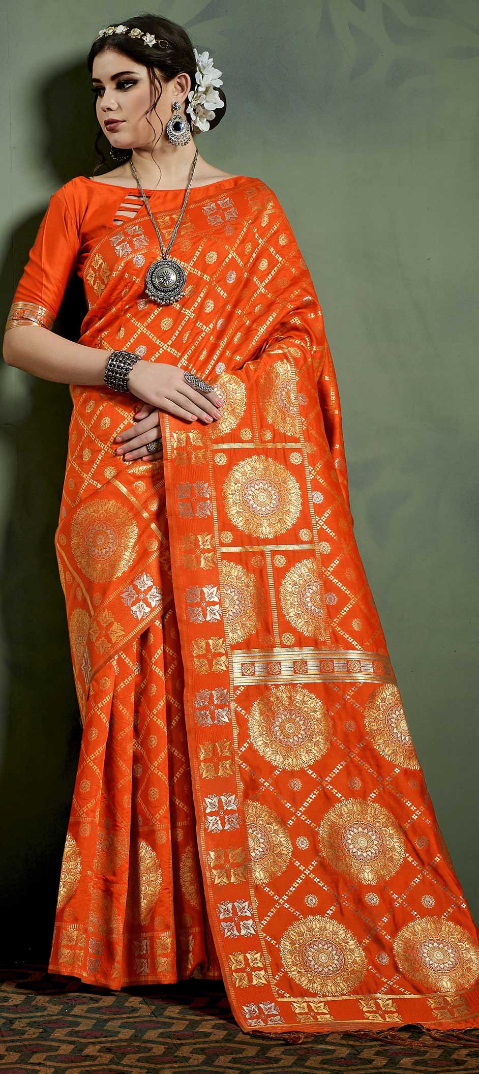 Traditional Orange color Kanjeevaram Silk, Silk fabric Saree 1632445