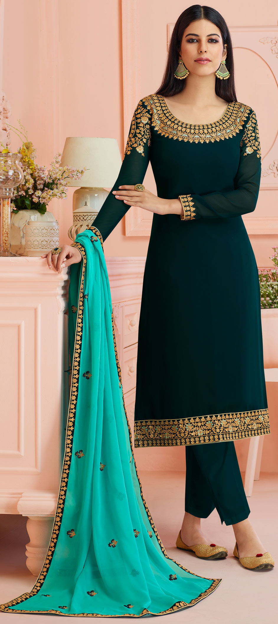 Bollywood Green Color Satin Silk Fabric Salwar Kameez 1633993 