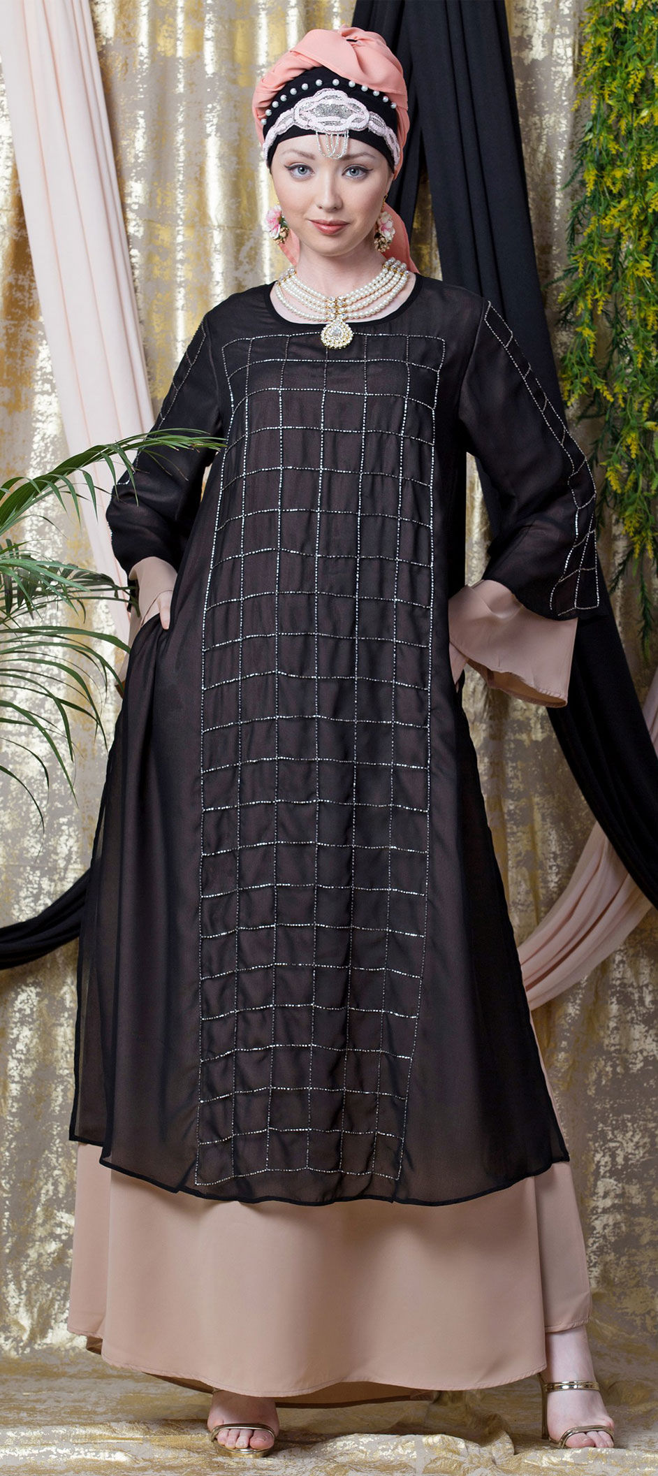 Beige and Brown, Black and Grey color Georgette fabric Abaya : 1637168