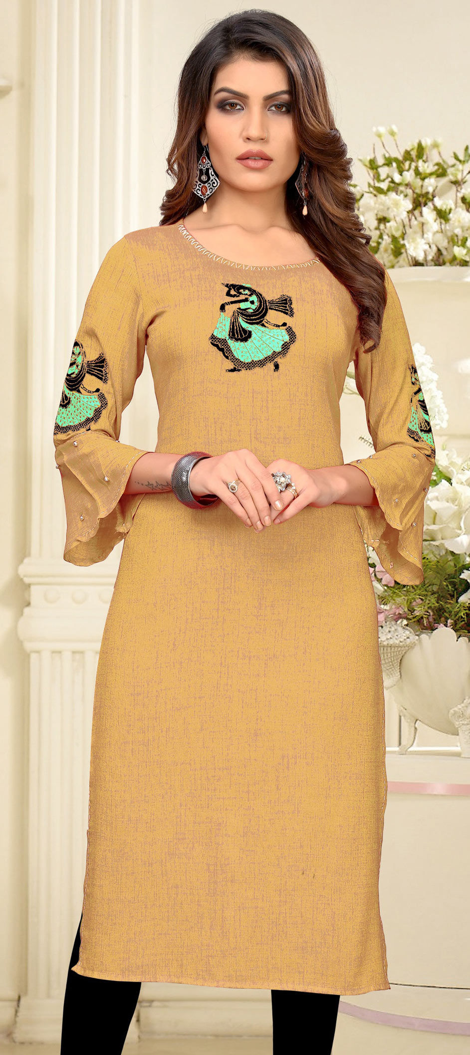 Classic Beige Rayon Kurti with Maroon Thread Floral Embroidery