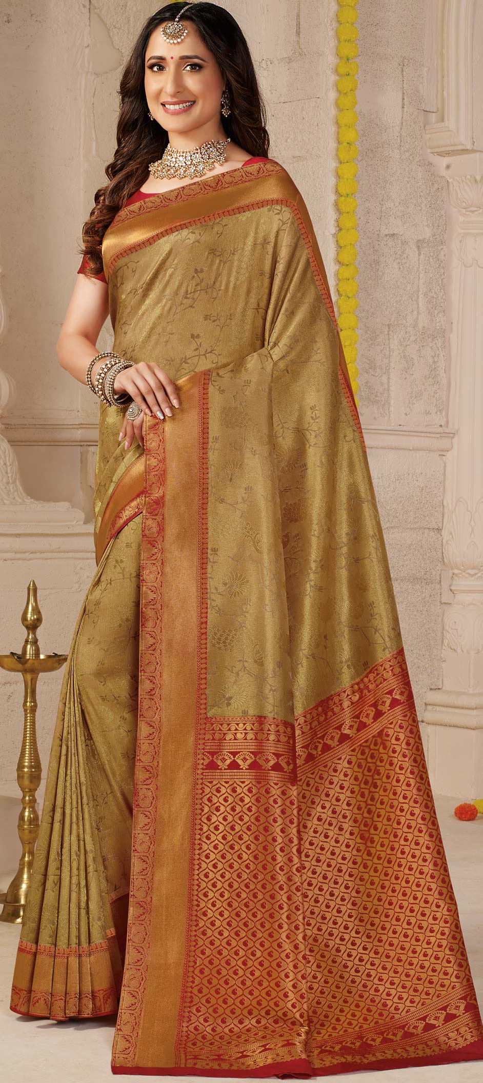 Traditional Gold Color Art Silk Silk Fabric Saree 1638929 