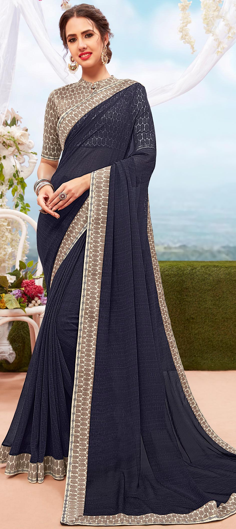 Casual Blue Color Georgette Fabric Saree 1639625