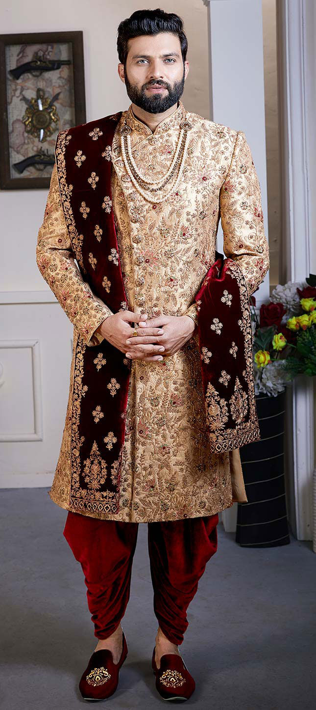 Gold color Silk fabric Sherwani 1639650