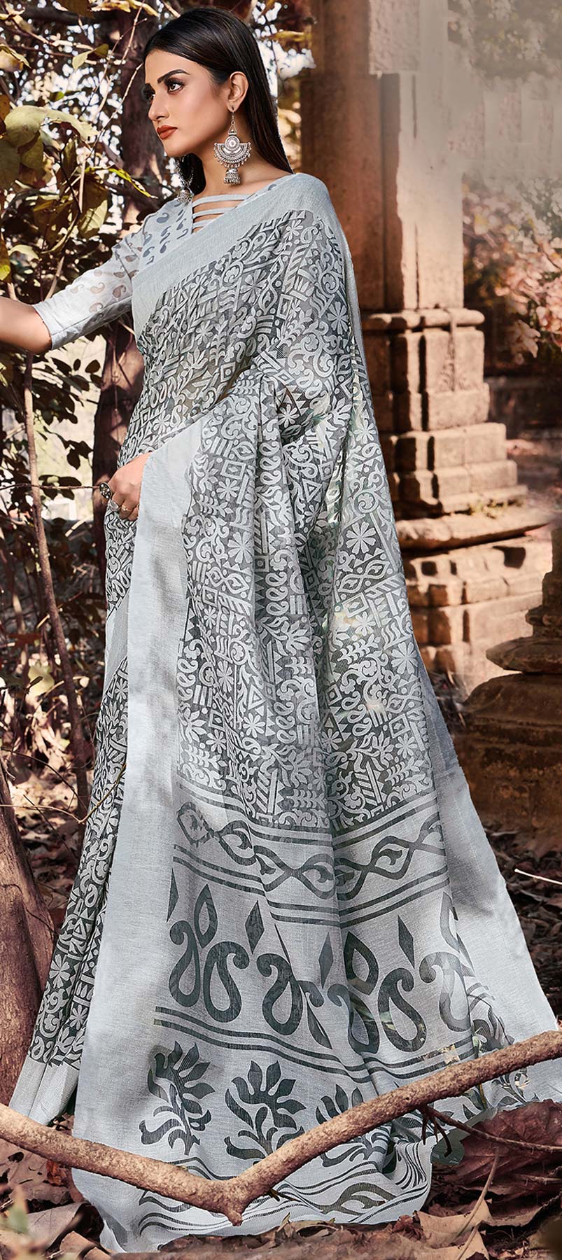 Grey Printed Cotton Saree