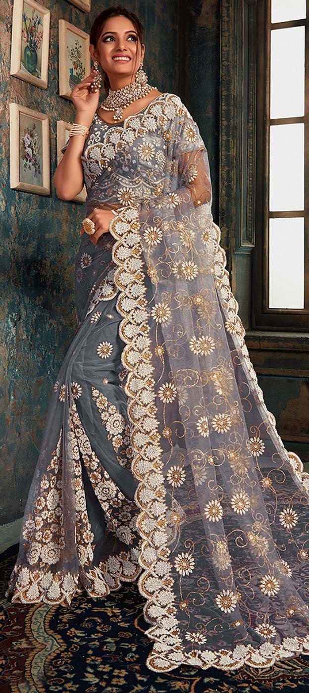 Bridal Party Amazing Grey Premium Net Designer Saree main image 0