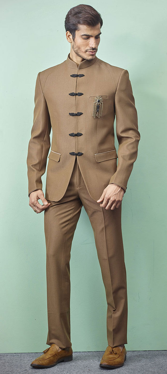 Beige and Brown color Imported fabric Jodhpuri Suit 1643179