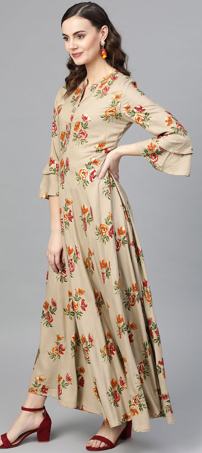 Casual Beige and Brown color Rayon fabric Dress 1647164