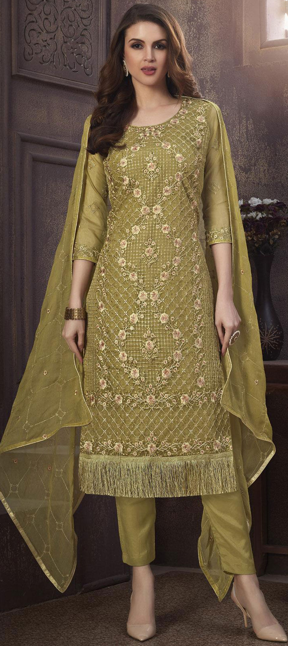 Party Wear Green Color Organza Silk Silk Fabric Salwar Kameez 1651230 