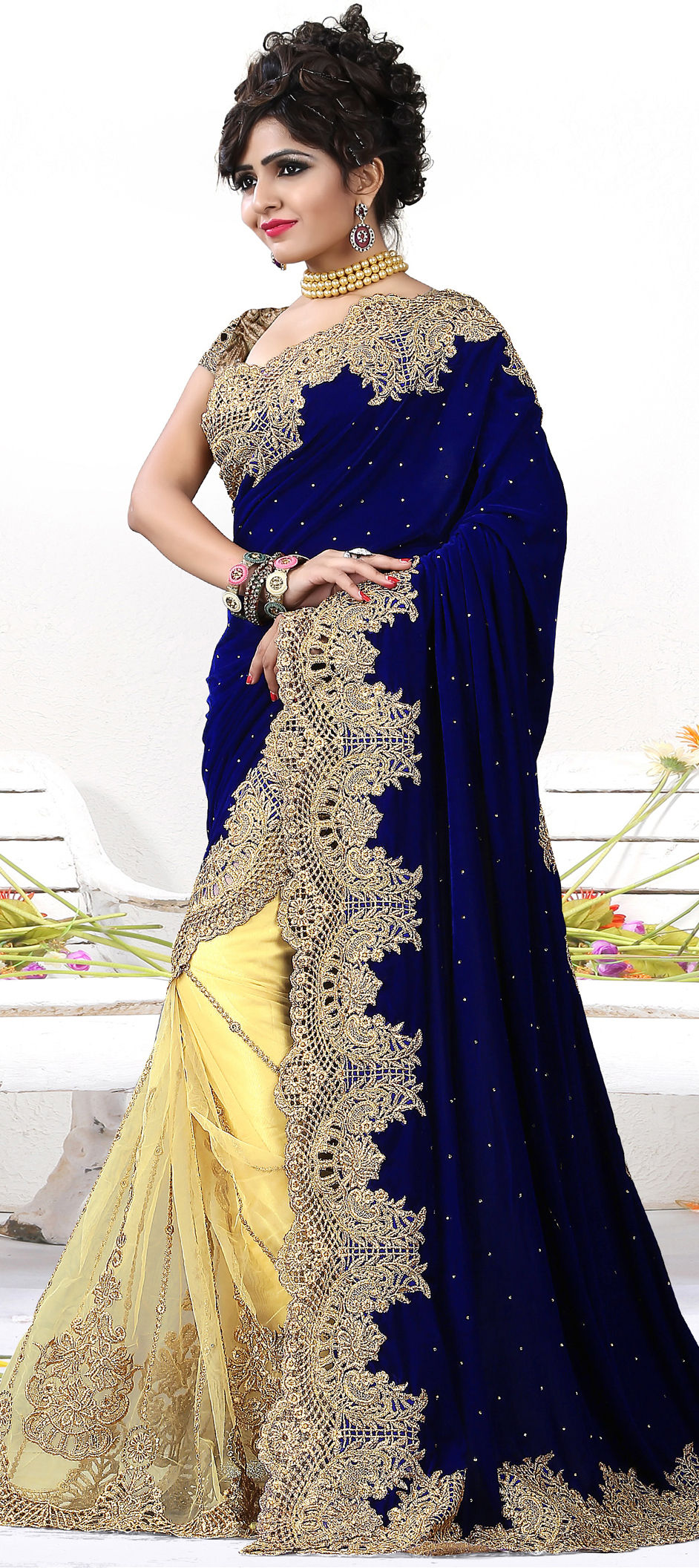 Bridal Wedding Blue Yellow Color Net Velvet Fabric Saree