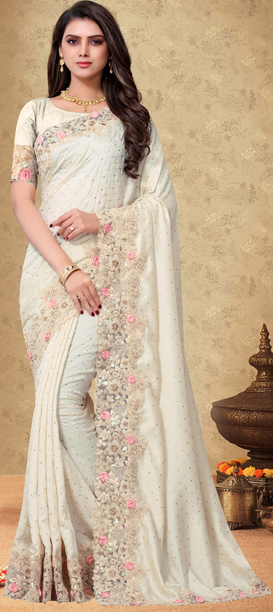 Off White Stone Work Cotton Saree For Wedding