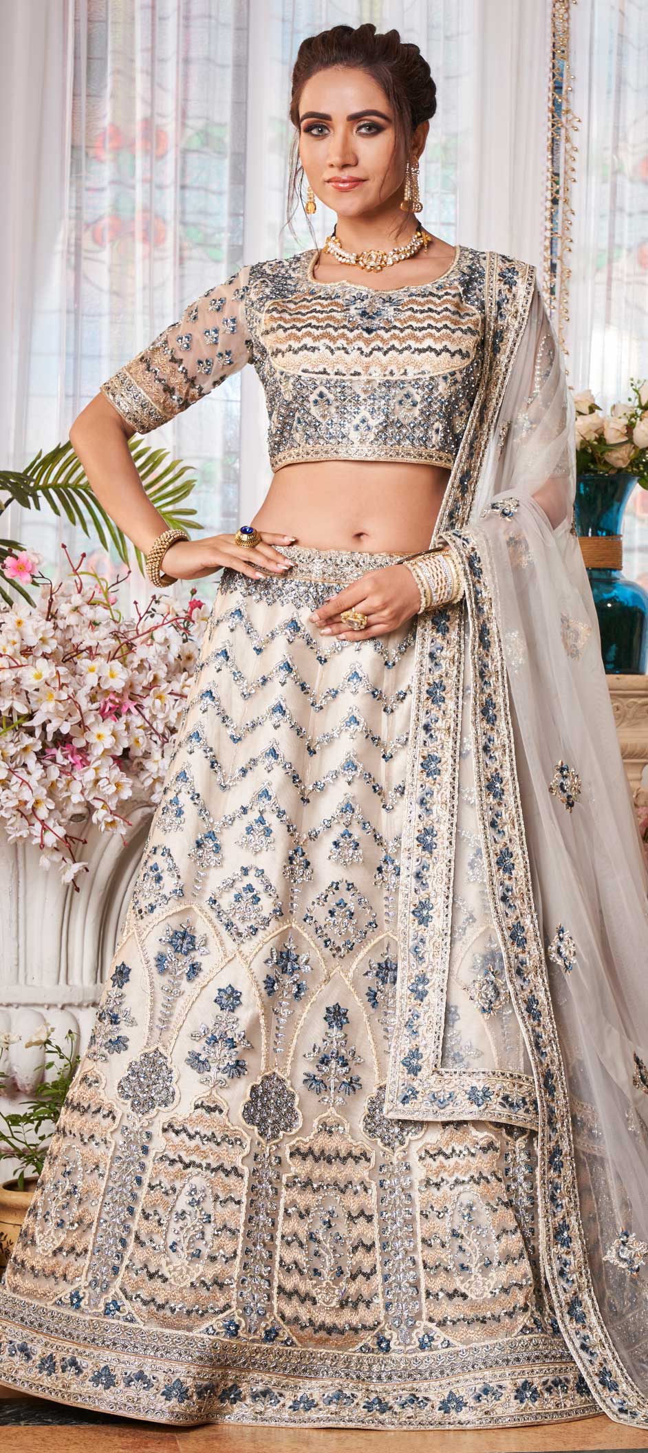 Bridal, Festive, Wedding White and Off White color Net fabric Lehenga : 1654220