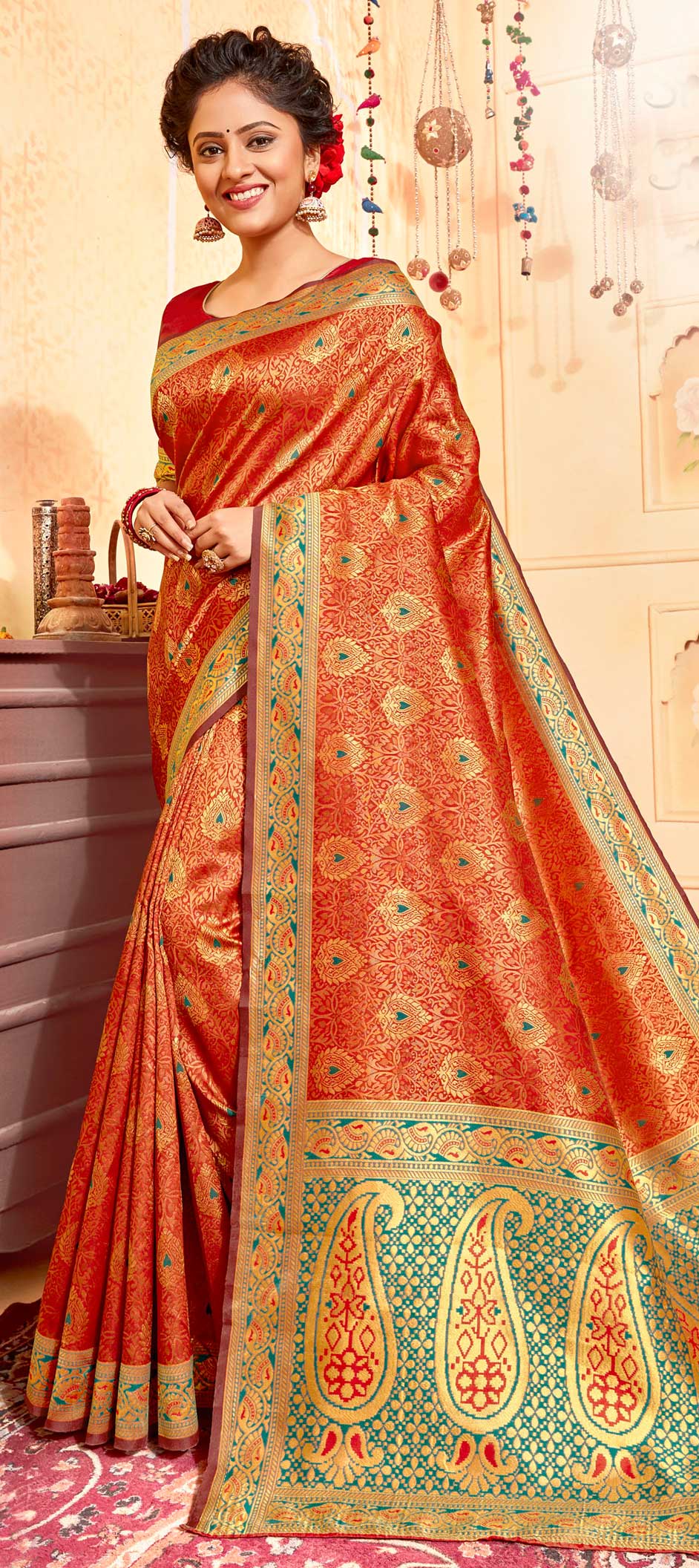 Traditional Orange color Jacquard fabric Saree 1655943