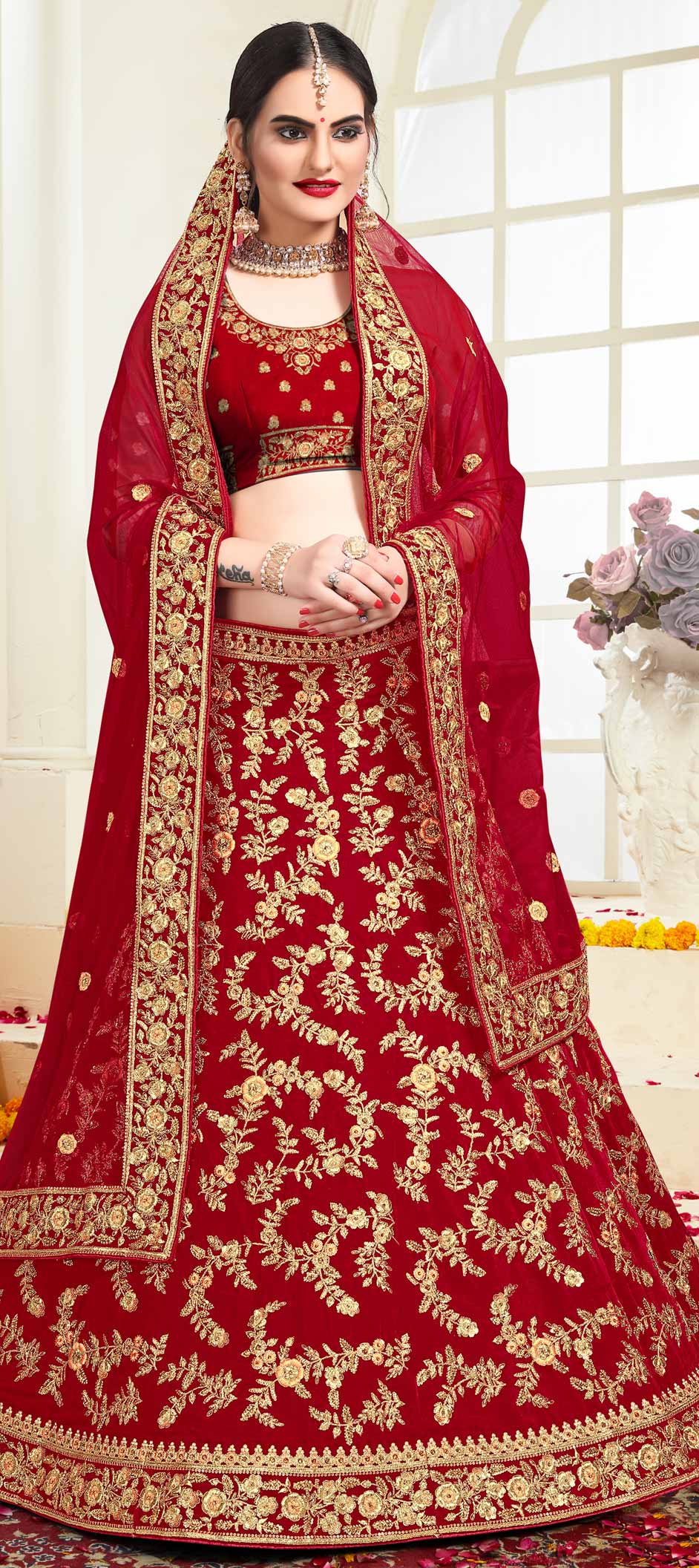 Bridal, Wedding Red and Maroon color Velvet fabric Lehenga ...