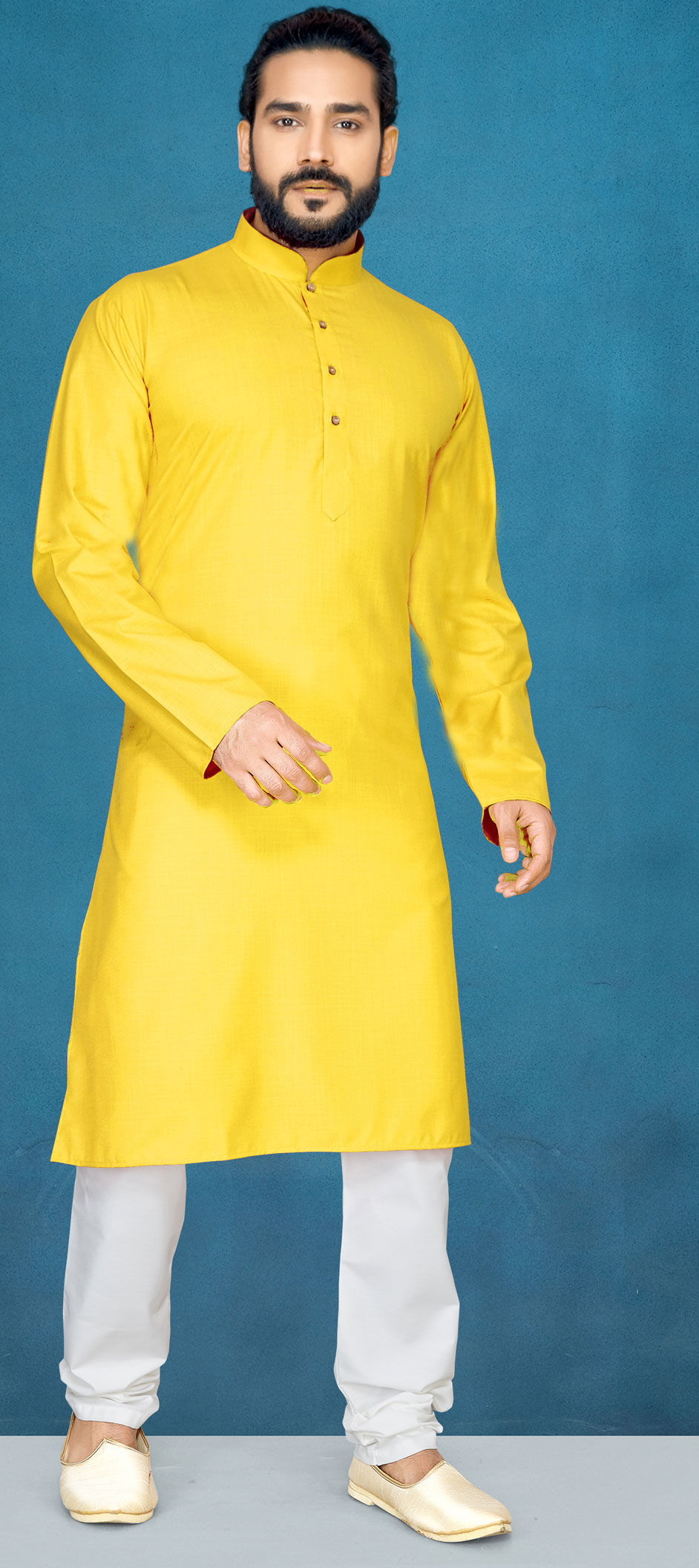 Yellow color Poly cotton fabric Kurta Pyjamas : 1658737