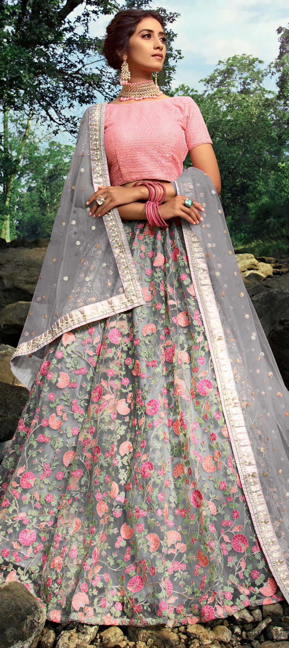 Photo of Dull Pink and Grey Lehenga with Thread and Stone Work | Indian  fashion trends, Latest bridal lehenga, Indian wedding dress