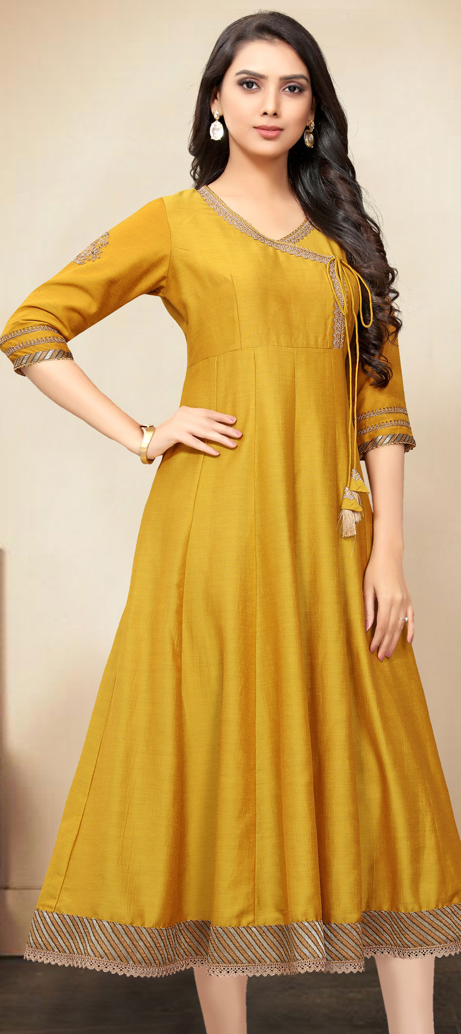 Party Wear Yellow color Tussar Silk fabric Kurti : 1662024