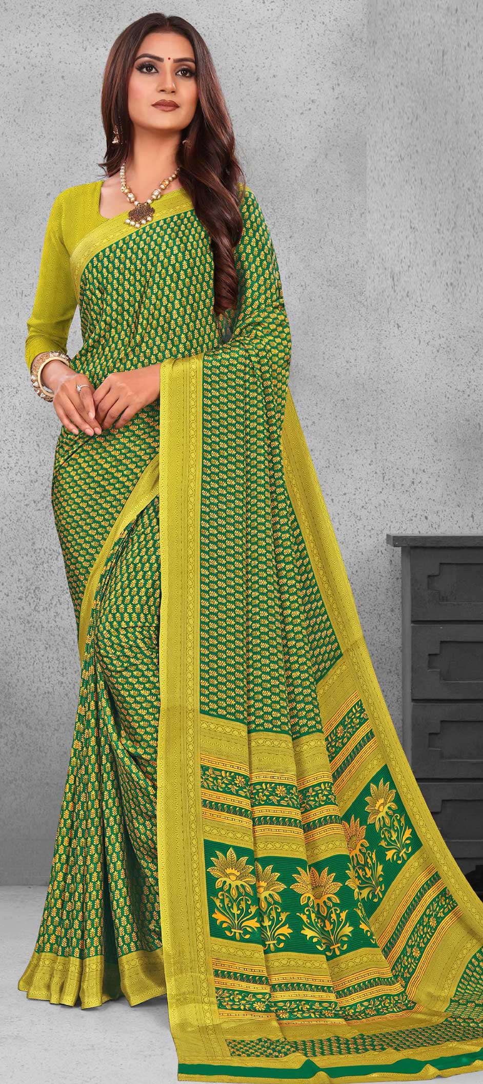 Red & Green Crepe Silk Readymade/Easy Saree