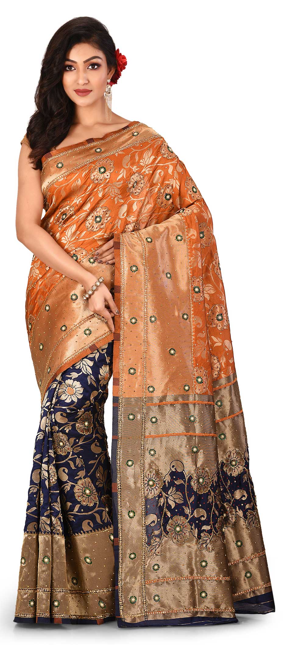 Engagement, Festive, Wedding Blue, Orange color Kanjeevaram Silk, Silk