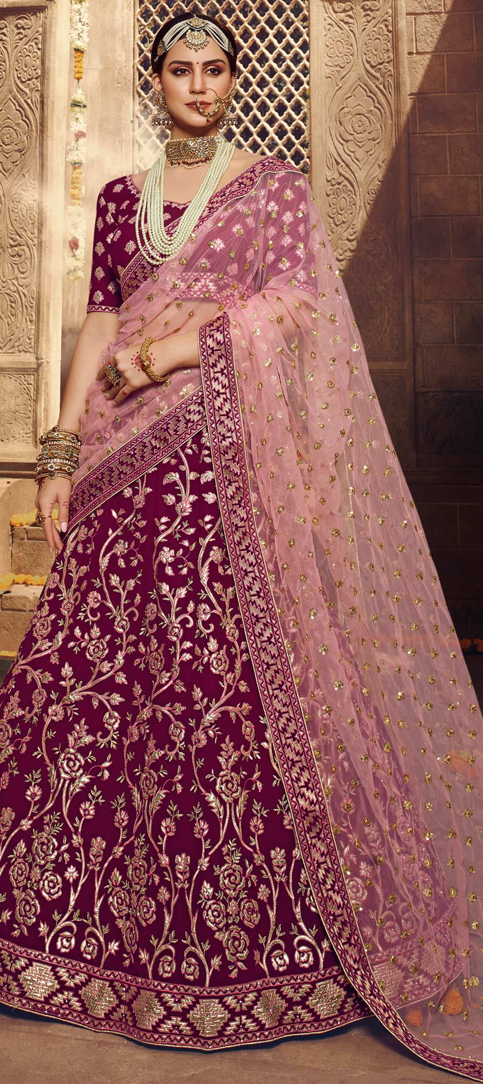 Buy Blue And Pink Gotta Patti Embroidered Wedding Lehenga Choli In USA