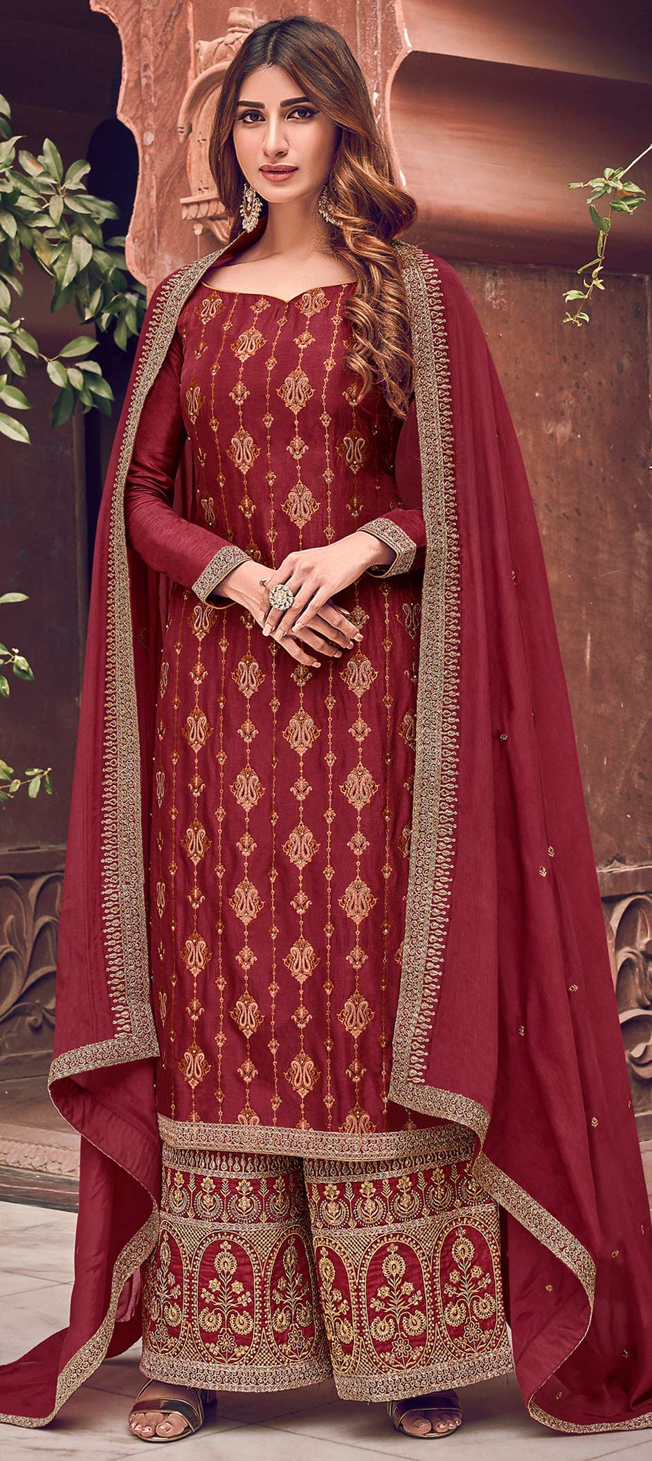 Festive, Wedding Red and Maroon color Dolla Silk, Silk fabric Salwar